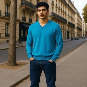 Express‎ Sweater Men's Medium V-Neck Blue 100% Merino Wool Pullover Knitwear NEW